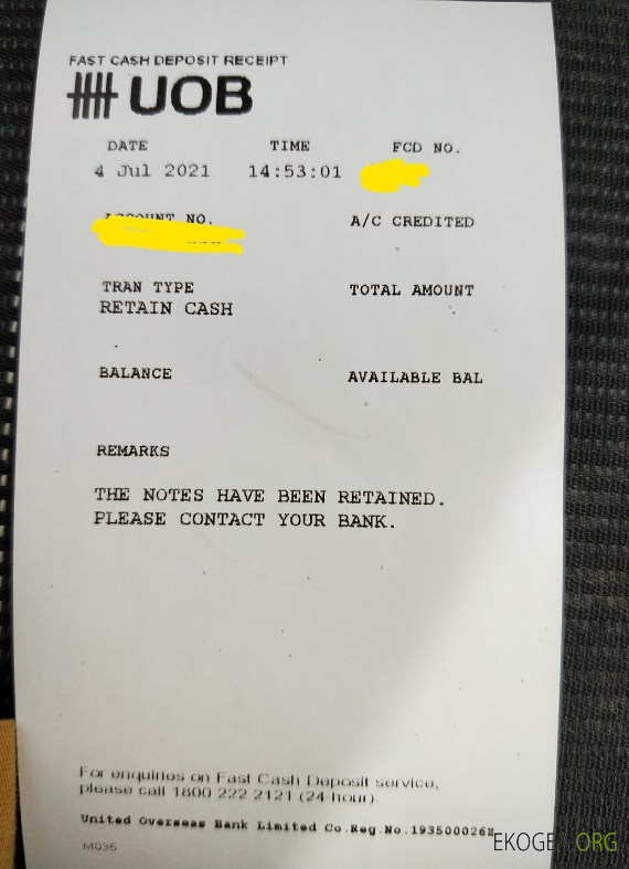 Reçu de dépôt bancaire UOB de Singapour